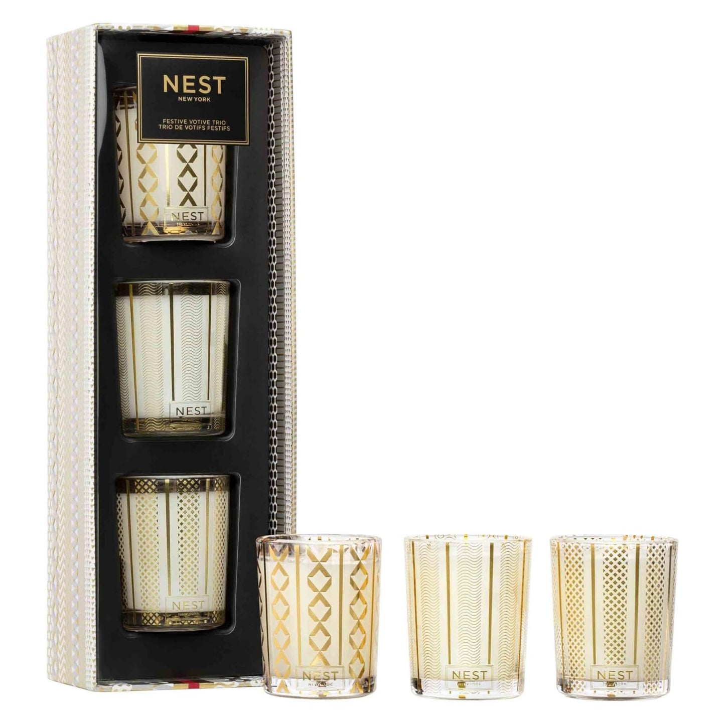 NEST New York Festive Scented Votive Candle Trio - 2 oz Each - Includes Holiday, Birchwood Pine, Crystallized Ginger & Vanilla Bean - Up to 28-Hour Burn Time - Reusable Glass Vessel