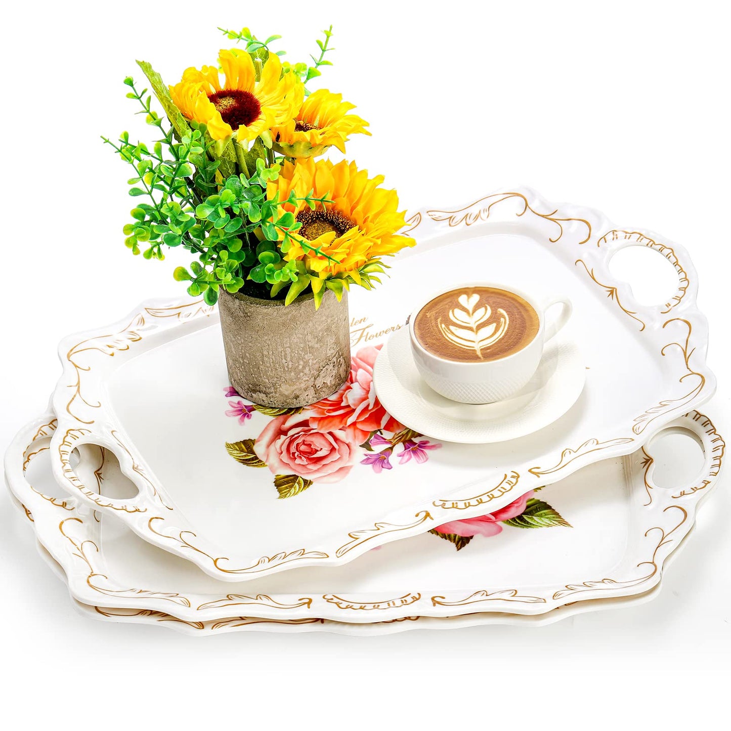 Nicunom 3 Pack Serving Trays with Handles, 16" L x 11" W Rectangular Trays for Eating, Melamine Serving Platters for Party, Floral Tray for Serving Food, Cookies, Desserts, Great Gift