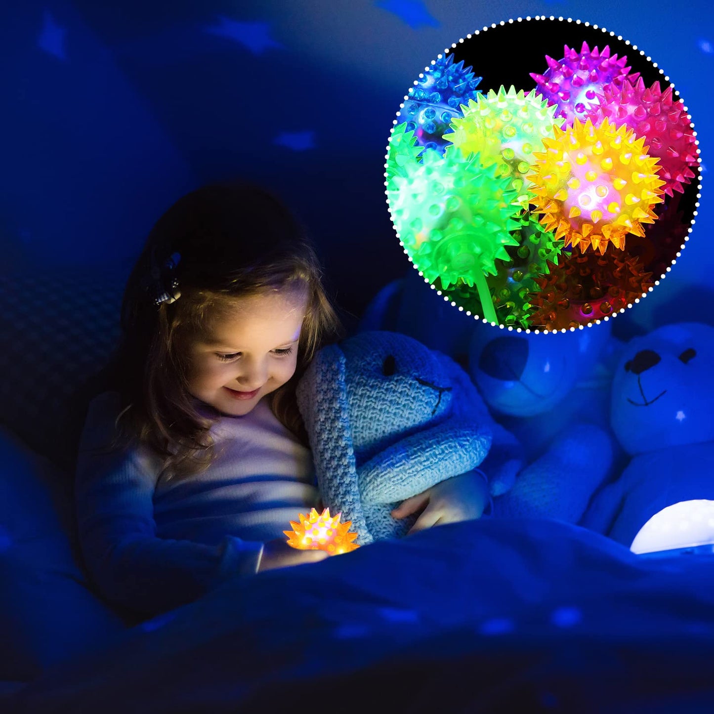 Sotiff 100 Pcs Light up Ball Spiky LED Bouncy Ball Flashing Squeaky Multicolor Puffer Toy Rubber Sensory Toy Carnival Prizes Bulk Party Favors for Teens, Adults, Children