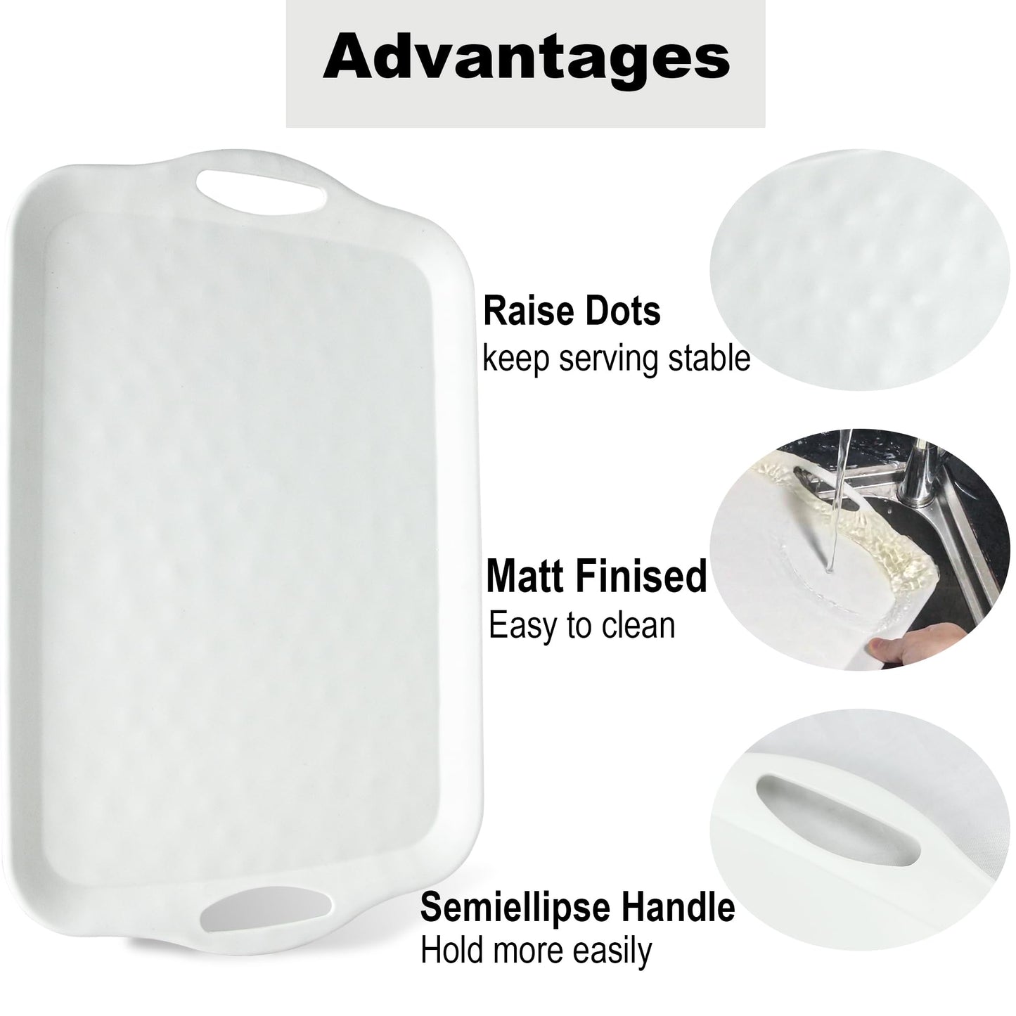 ECOIOU Extra Large Serving Tray with Handles, 20x13 inch, Set of 2 Melamine Platters for Serving Food, Turkey, Cookie, Rectangular Trays for Eating, Raised Dots Matt Finished, Dishwasher Safe, White