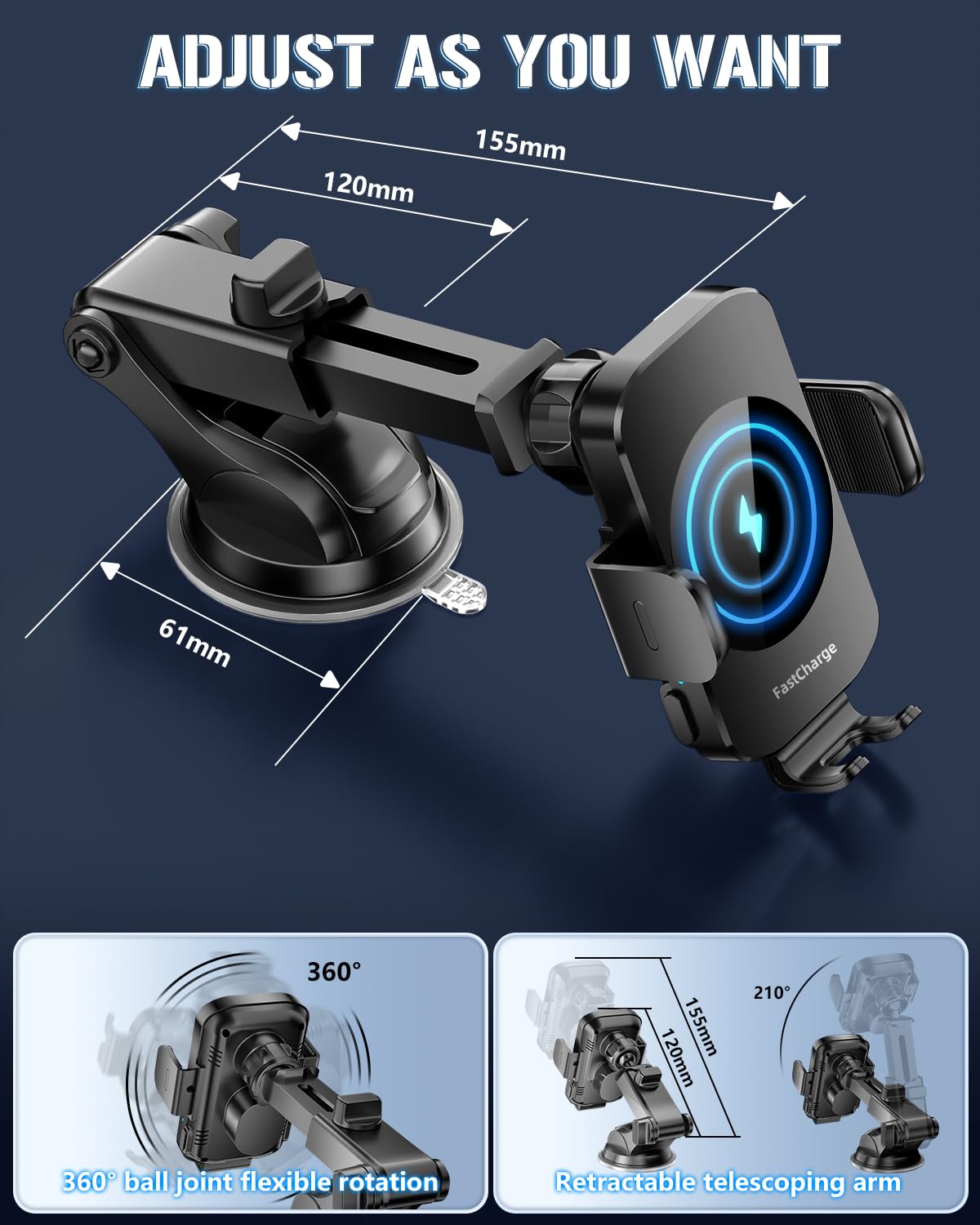 Wireless Car Charger, Fast Charging Phone Holder BothLin 3 in 1 Phone Mount Auto Clamping Car Accessories Compatible with iPhone 16 15 14 13 12 11 Xs XR, Samsung S23 Ultra S22 S21 S20/S10+ S9+ Note 9