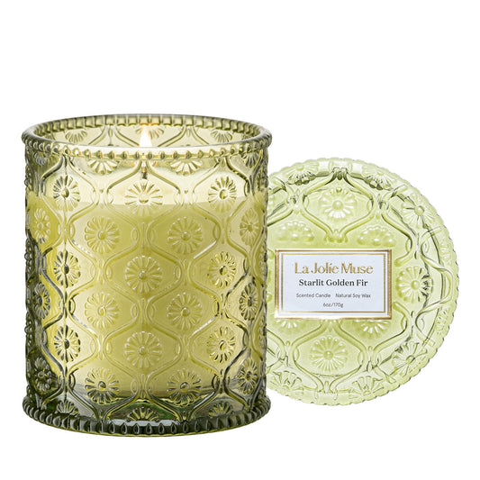 LA JOLIE MUSE Starlit Golden Fir Scented Candle, Winter Candle Gifts, Fir & Cedarwood Candle, Holiday Candles for Home Scented, Natural Soy Wax Candle, 6 oz 40 Hours Burn