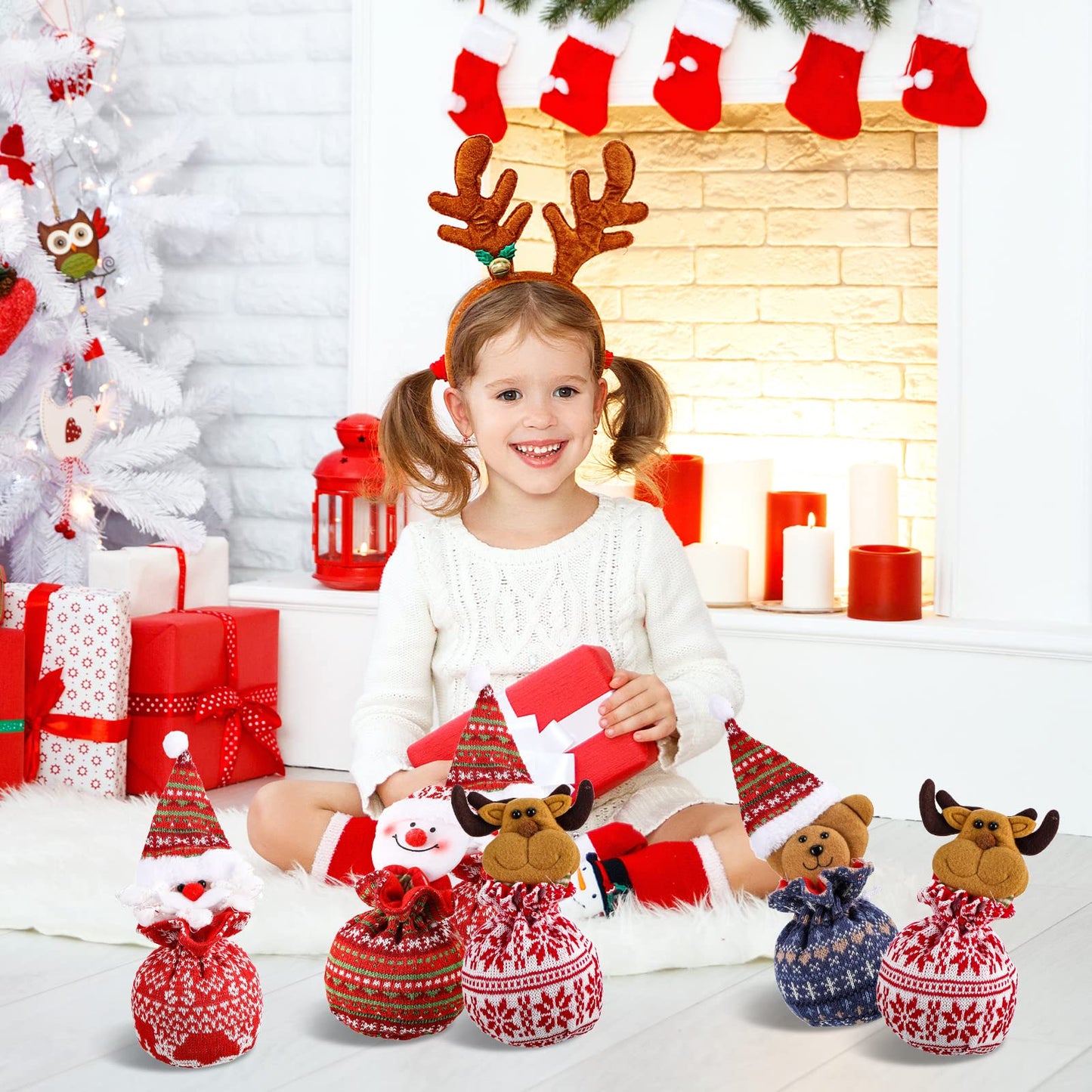 Shappy 12 Pcs Christmas Small Drawstring Bag Xmas 3D Doll Gift Bags Mini Christmas Apple Cookie Candy Holiday Treat Bag 11 x 6 Inch for Stockings Party Supplies Decor