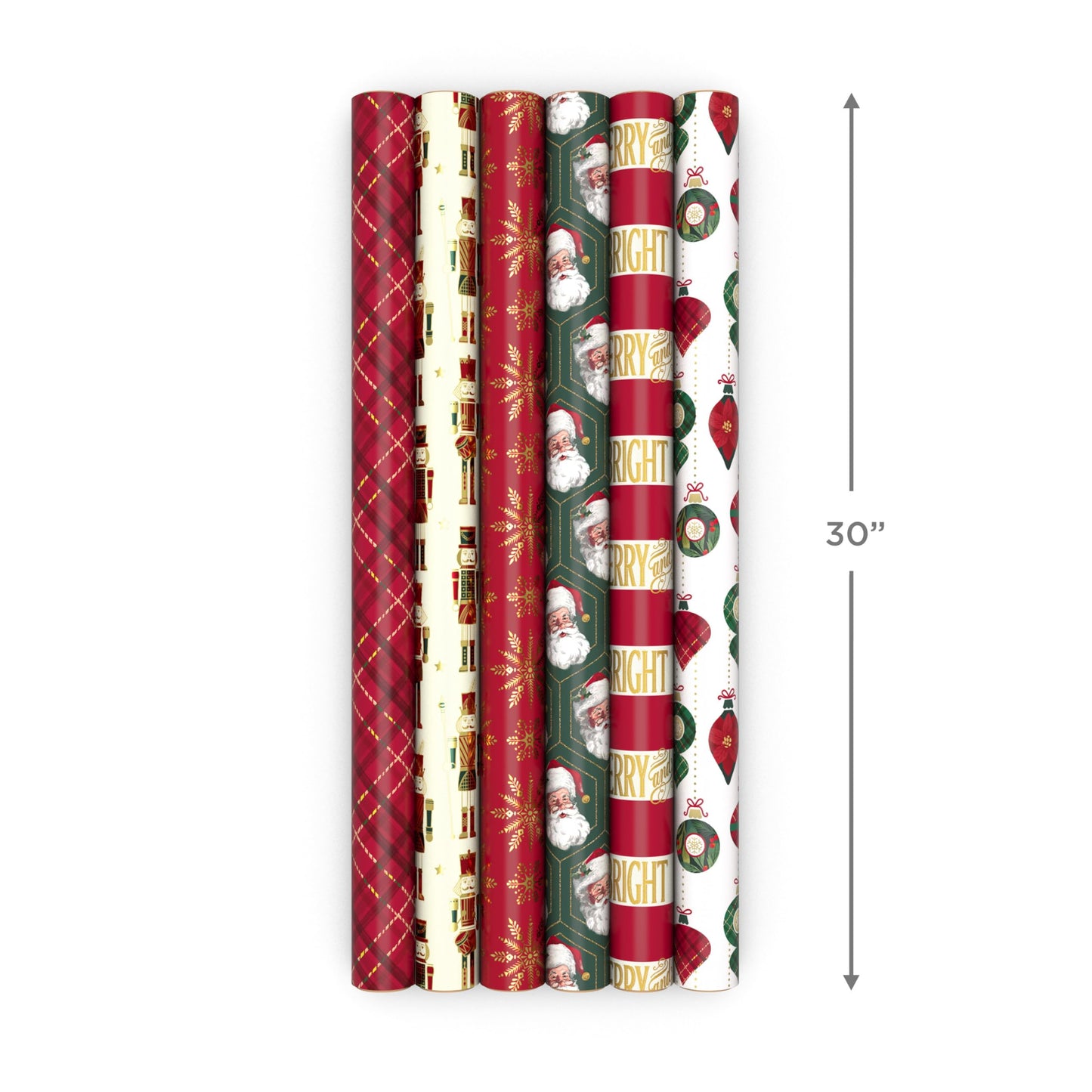 Hallmark Christmas Wrapping Paper Rolls with Cutlines on Reverse (6 Rolls: 150 Sq. Ft. Total) Santa Claus, Nutcrackers, Plaid, Snowflakes, Ornaments