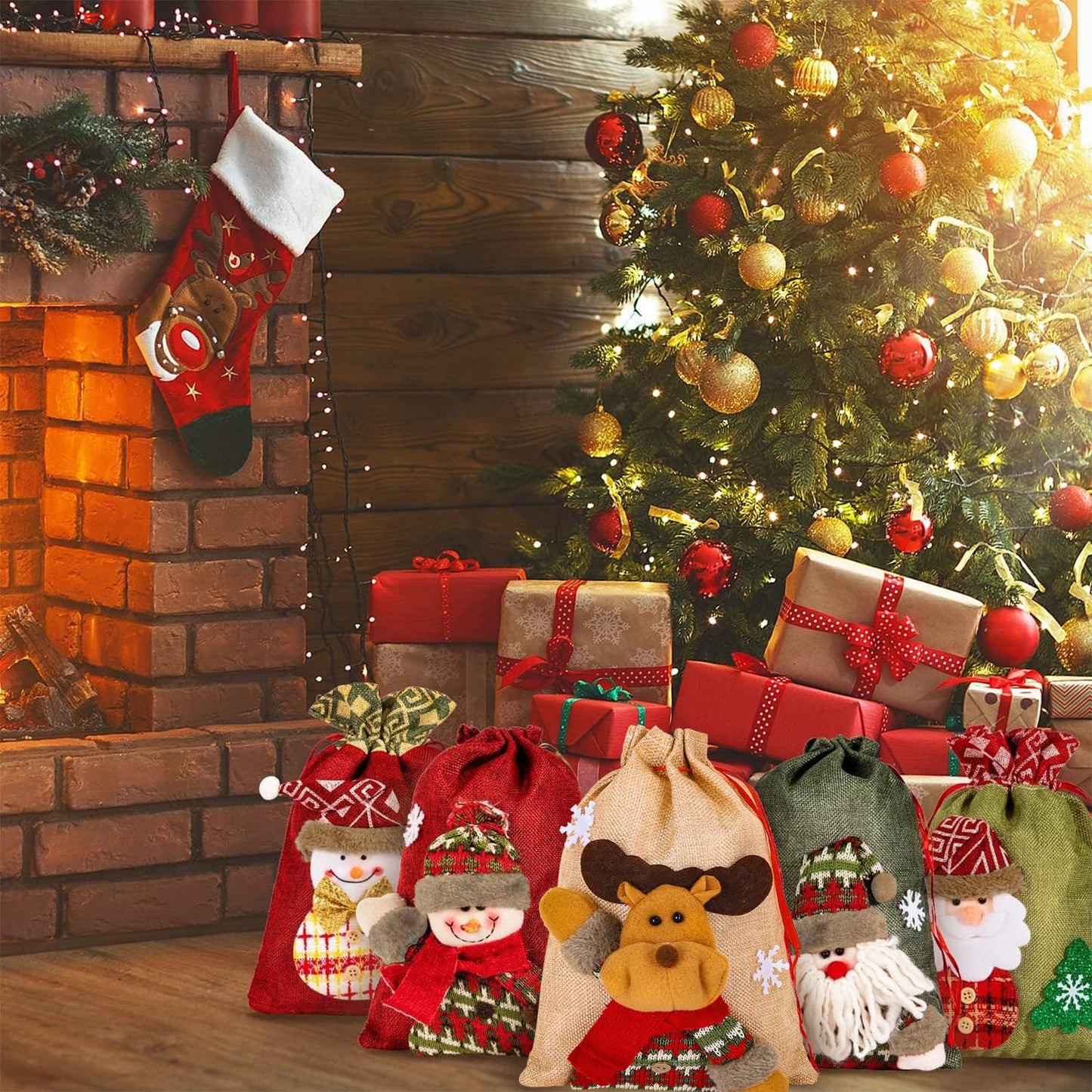 Whaline 3D Xmas Gift & Party Favor Bags Drawstring Handle Xmas Treat Pouch, Snowman Red - 8 x 11in, 8 x 12in (5 Pack)