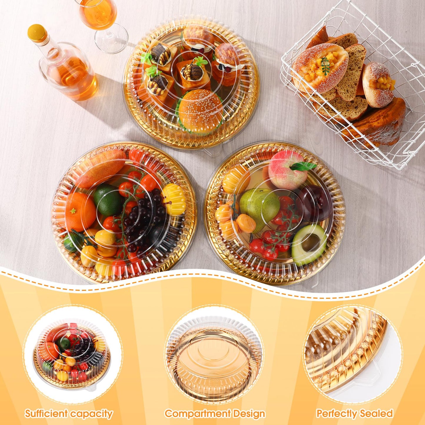 Nitial 12 Pcs Plastic Serving Tray with Lid Heavy Duty Elegant Platters Gold Catering Trays Round Stackable Disposable Containers with Clear Lids for Party Fruit Cake Sandwich Takeout Food (12 Inches)