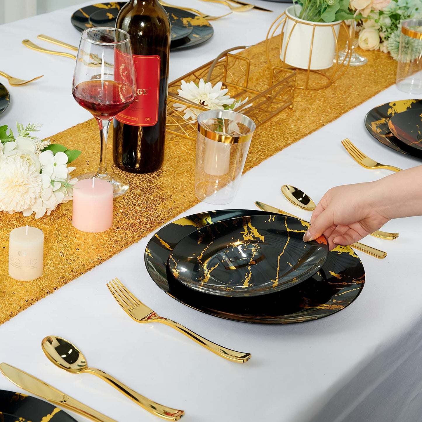 JOLLY PARTY 180PCS Disposable Dinnerware Set 30 Guest, 60 Black and Gold Plastic Plates, 30 Silverware, 30 Plastic Cups, Marble Design Dinnerware for Halloween, Wedding and Parties