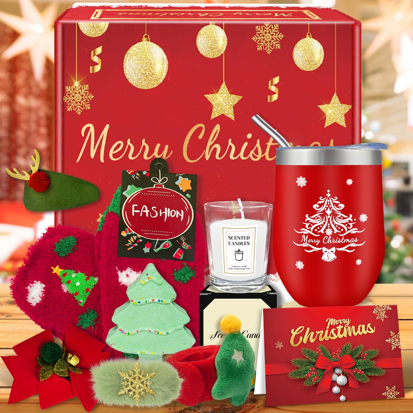 MYKILOS Christmas Gifts for Women, 2025 Christmas Gift Ideas, Gift Basket for Women, Mom, Sister, Wife, Teacher, Coworker, Xmas Gift with Stocking, 12 Oz Tumbler, Candle