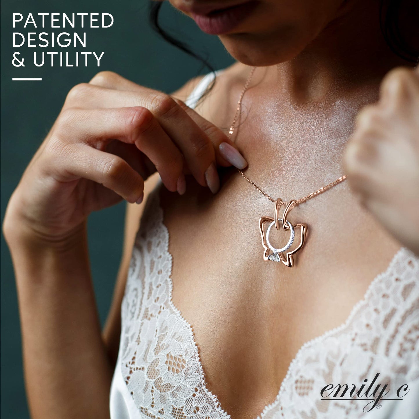 Emily C Ring Holder Necklace - Stainless Steel Necklace with Rose Gold Finish - Engagement Gift for Doctors & Nurses - Gift for Mom or Grandmother - Butterfly