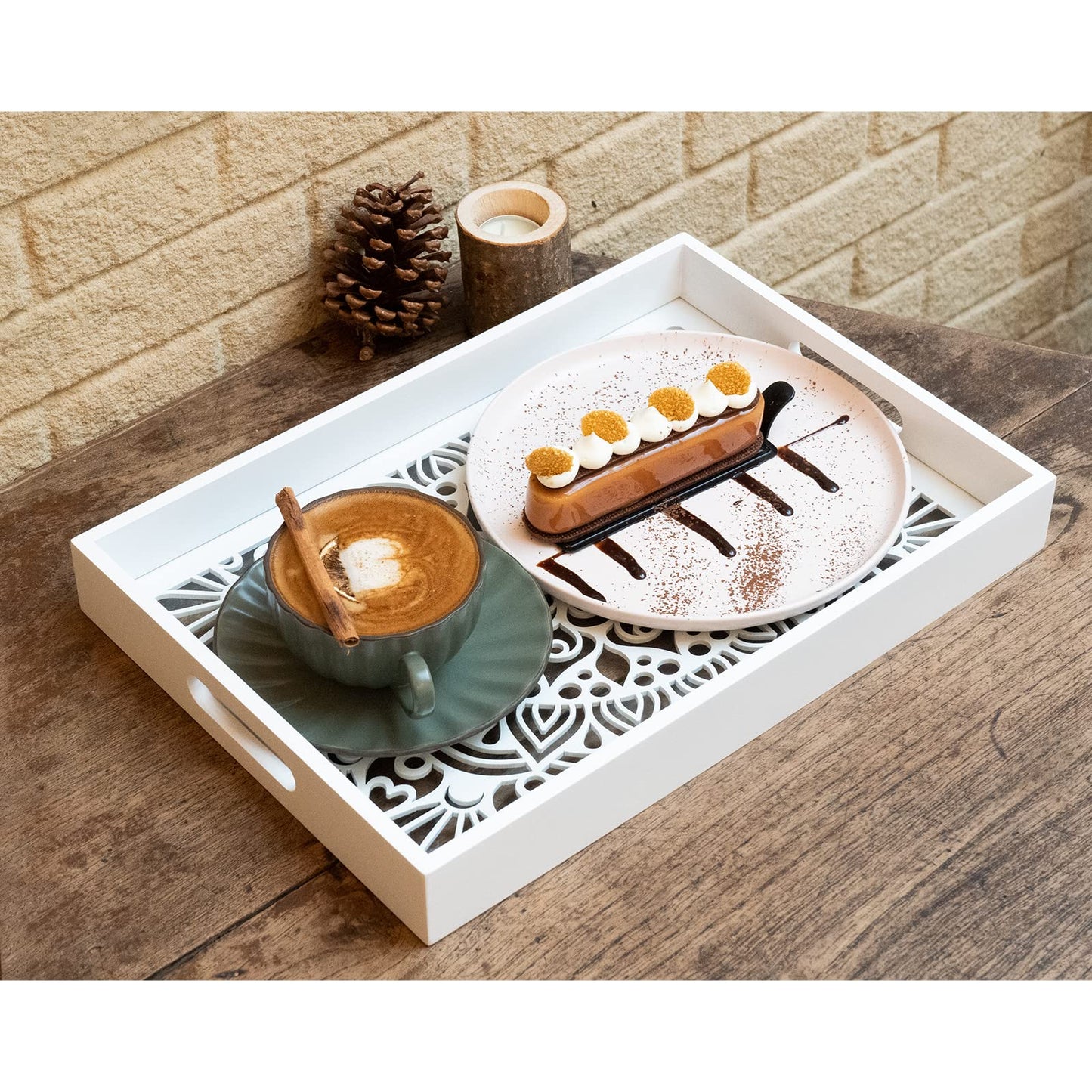 LINKOVE Wooden Serving Tray with Handles, White Wood Couch Ottoman Tray for Living Room, Decorative Tray for Coffee Table Kitchen Counter, Candle Perfume Displayed for Bedroom Bathroom,15" x 10"