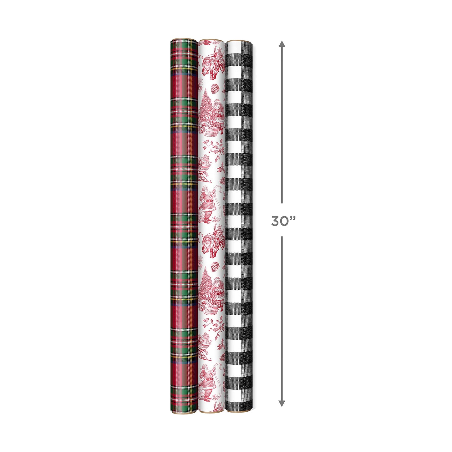Hallmark Holiday Plaid Wrapping Paper with Cutlines and Optional DIY Bow Templates on Reverse (3-Pack: 120 Sq. Ft. Ttl) Red Toile, Black Buffalo Check, Plaid for Christmas, Birthdays, Weddings, Crafts