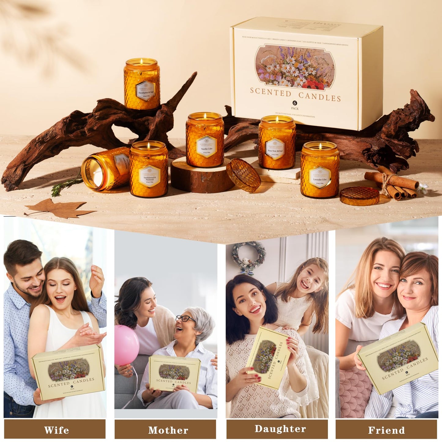 6 Pack Natural Soy Wax Jar Candles for Home Scented, Aromatherapy Gifts Sets for Women, 33 oz 240 Hour Long Lasting Candles Gifts for Birthday | Valentine's Day | Amber Candles|