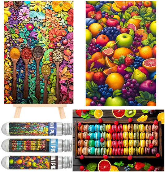 Small Jigsaw Puzzles for Adults 150 Pieces Mini Jigsaw Puzzles Challenging Colorful Macarons & Fruit Puzzles 6 x 4 Inches, 3 Pcs,Mini Easel Included