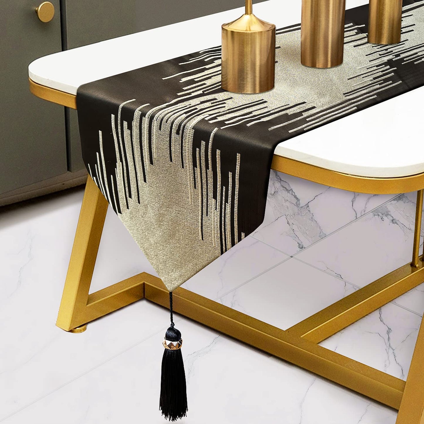 Fullony Black Table Runner 72 Inches Long Handmade Embroidery Modern Abstract Striped Pattern with Ring Stylish Tassels for Home Living Room Bedroom Dinner Room Kitchen Art Decor Thanksgiving