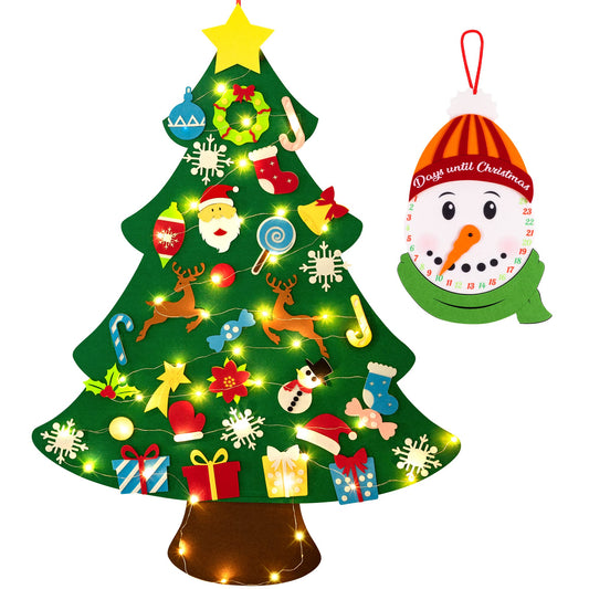 jollylife 3ft DIY Felt Christmas Tree Set + Snowman Advent Calendar - Xmas Decorations Wall Hanging 33 Ornaments Kids Gifts Party Supplies