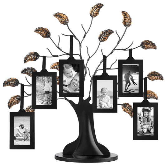 Americanflat Family Tree Picture Frame - Includes 6 Hanging 2x3 Picture Frames - Adjustable Ribbon Tassels - Ideal as Mother’s Day Gifts, Birthday Gifts, or Christmas Decor - Black and Bronze