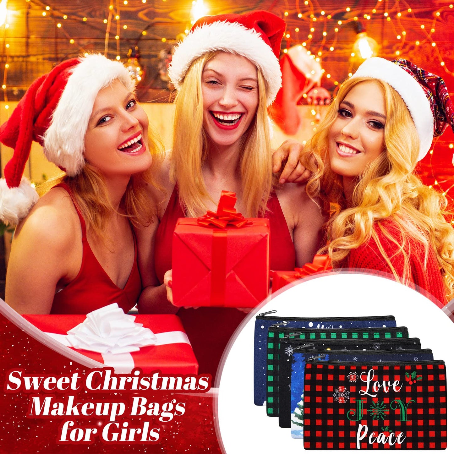Saintrygo 30 Pieces Christmas Gift Makeup Bags Plaid Cosmetics Bag Merry Christmas and Santa Goodie Bags with Snowman, Reindeer, Multicolor