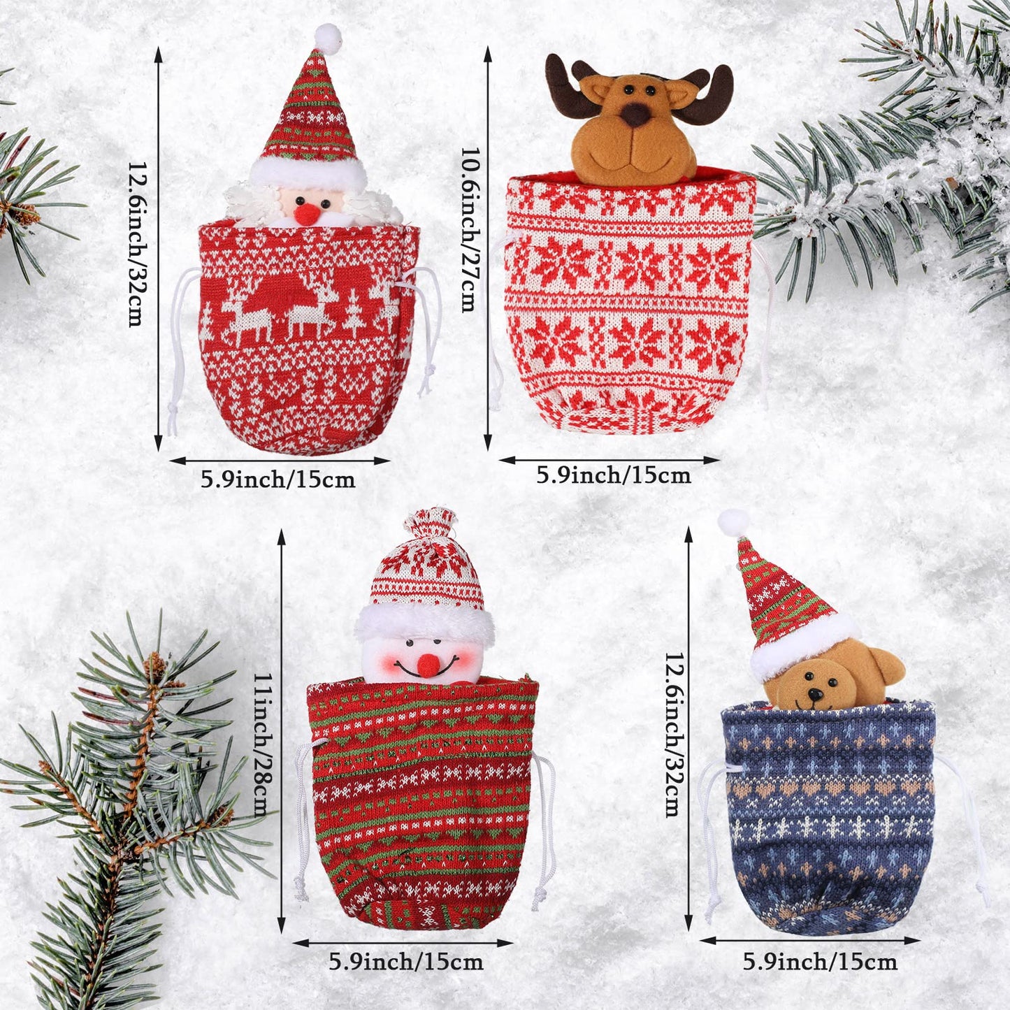 Shappy 12 Pcs Christmas Small Drawstring Bag Xmas 3D Doll Gift Bags Mini Christmas Apple Cookie Candy Holiday Treat Bag 11 x 6 Inch for Stockings Party Supplies Decor