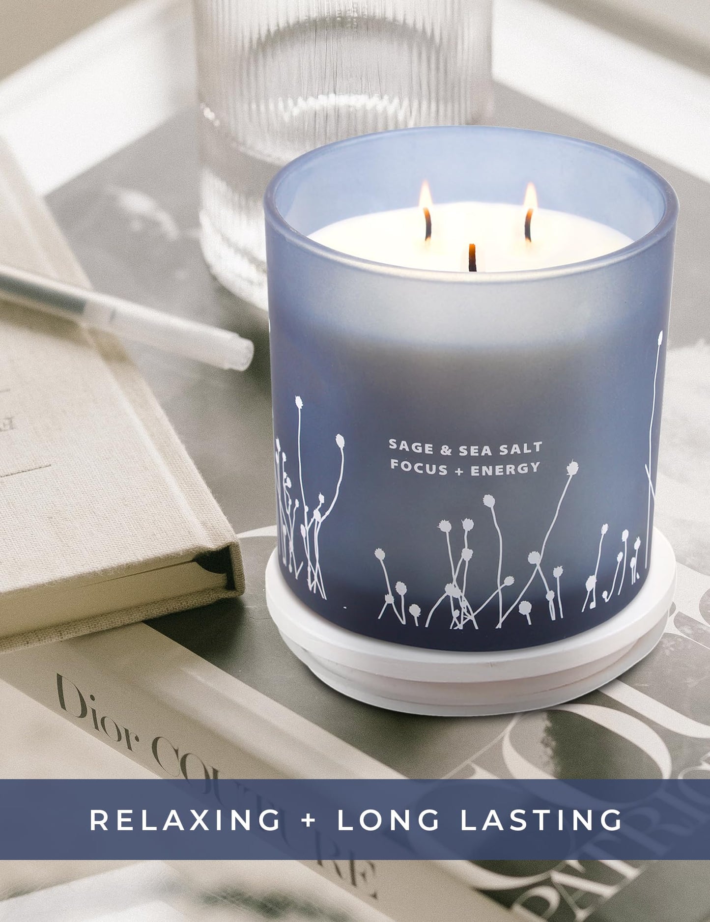 White Sage Sea Salt 3 Wick Candle - Large Soy Scented Candle 14.5 oz - Sage Candle for Cleansing House - Aromatherapy Energy Cleansing Sage Scented Candles for Women & Men