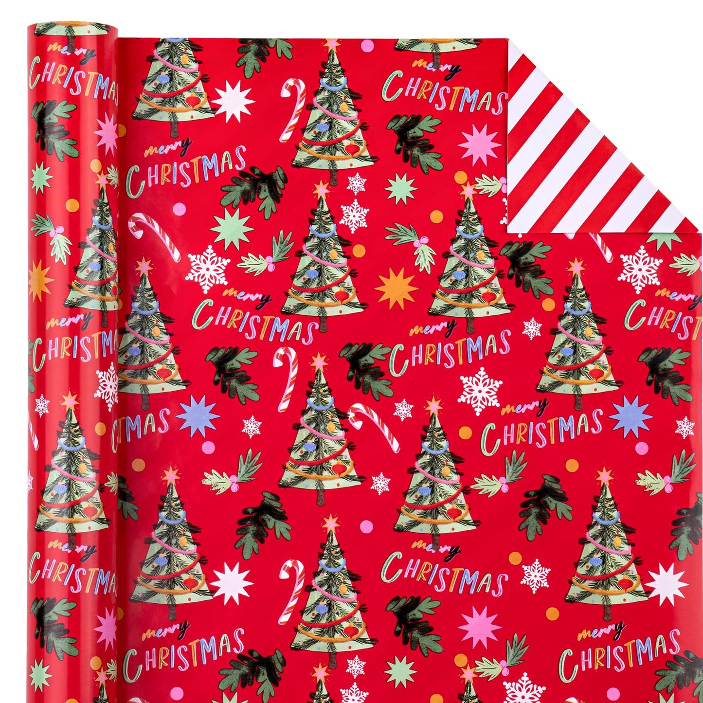 WRAPAHOLIC 30 Inch Jumbo Reversible Christmas Wrapping Paper - 30 Inch x 33 Feet - Red Christmas Tree Wrapping Paper and Stripe Design for Holiday, Party Celebration