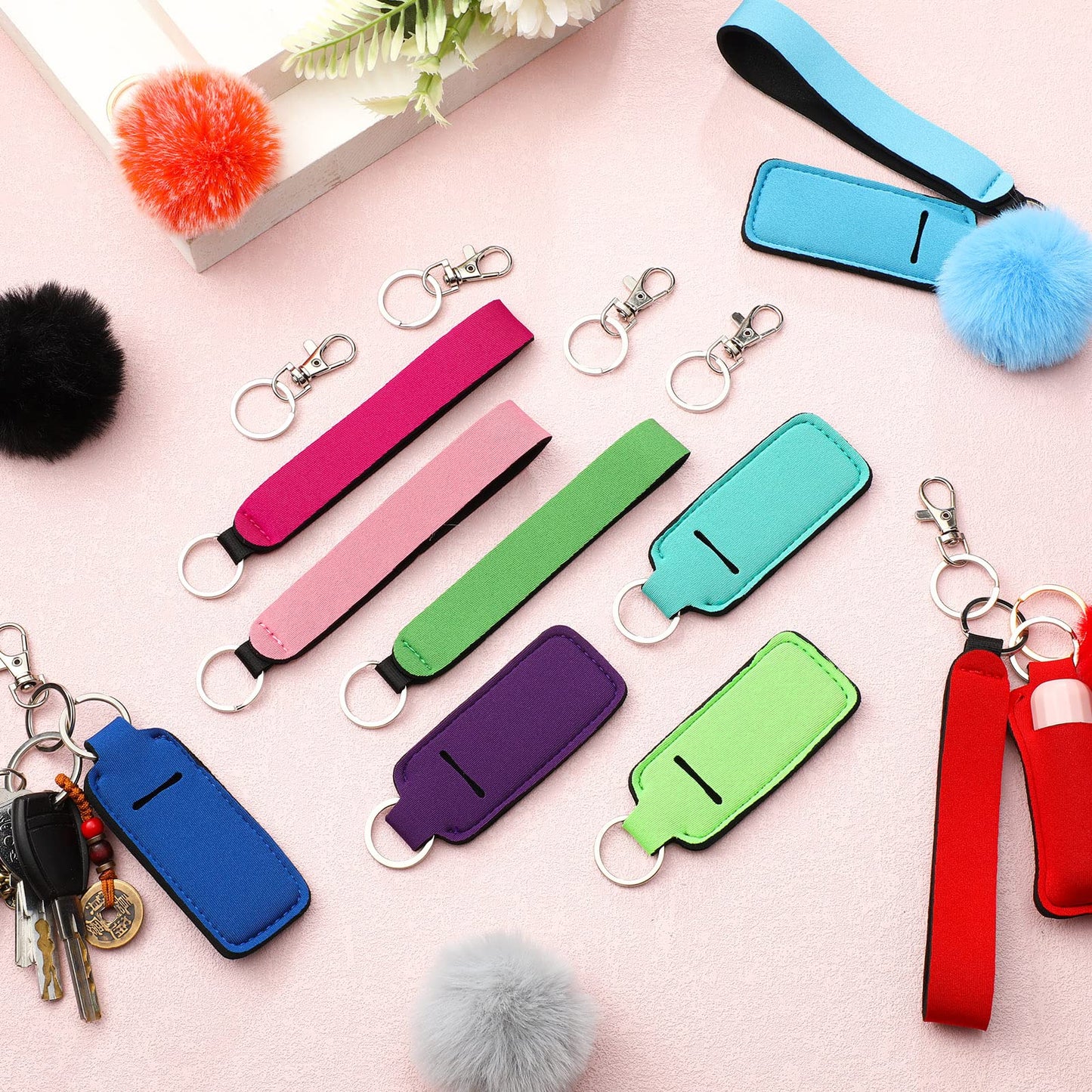 Tudomro Lipstick Holder Keychain Poms Keychains Bulk Lip Balm Holder Set Include Colorful Wristlet Key Rings Ball Metal Key Rings for Lipstick Lanyards Women(Bright Color,20 Sets)