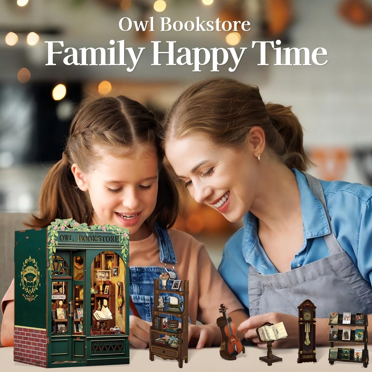 Fsolis Book Nook Kit, DIY Scene Miniature House Kit Tiny House Mini Booknook Craft Bookshelf Decor, 3D Puzzles for Adults, 139 Wooden Pieces, Scale Library Model, Gifts for Book Lovers（OWL Bookstore）