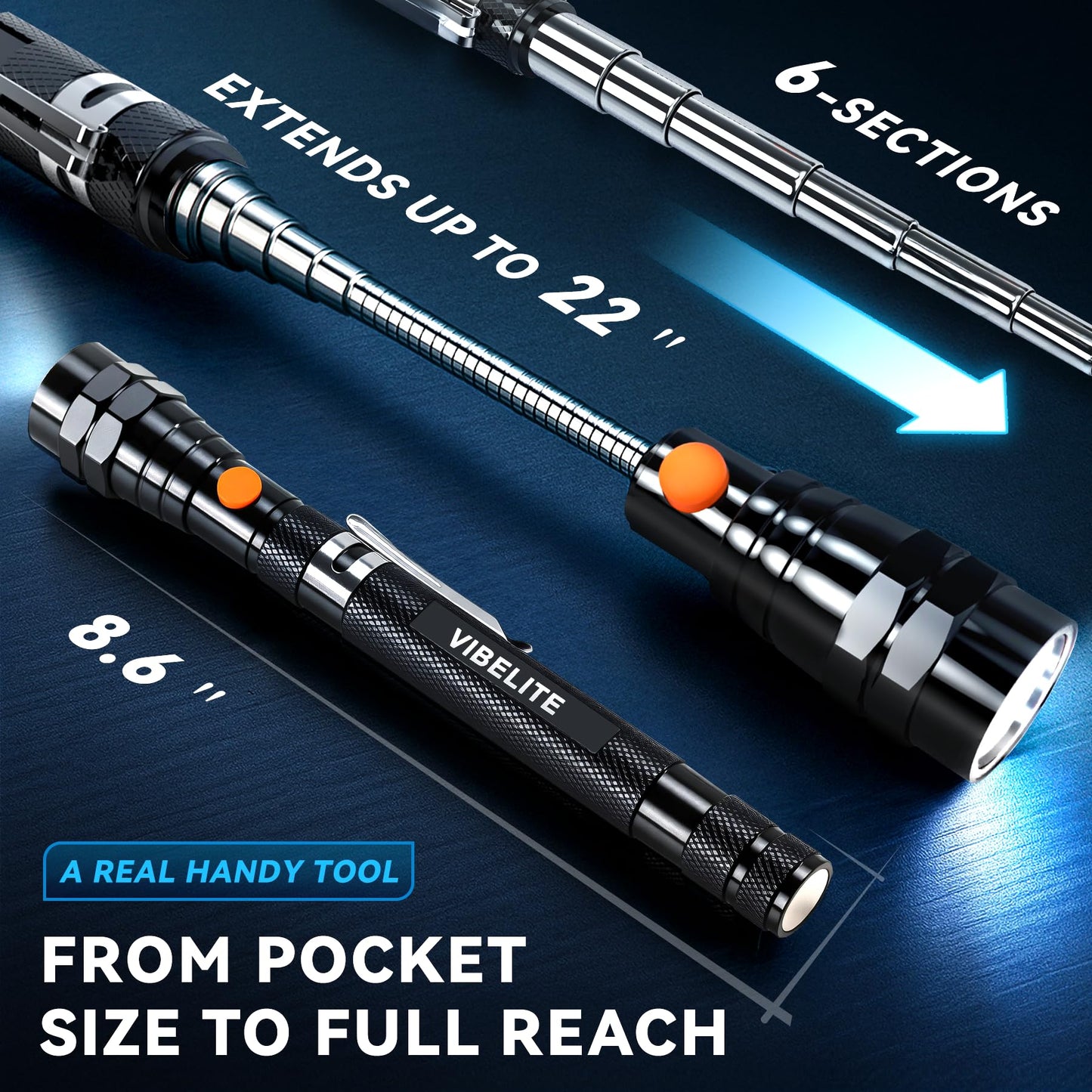 VIBELITE Extendable Magnetic Flashlight with Telescoping Magnet Pickup Tool-Cool Gadget Birthday for Men, Dad, Husband, Him, Father, Mechanic,Tech, Handyman, Boyfriend, Women, Black