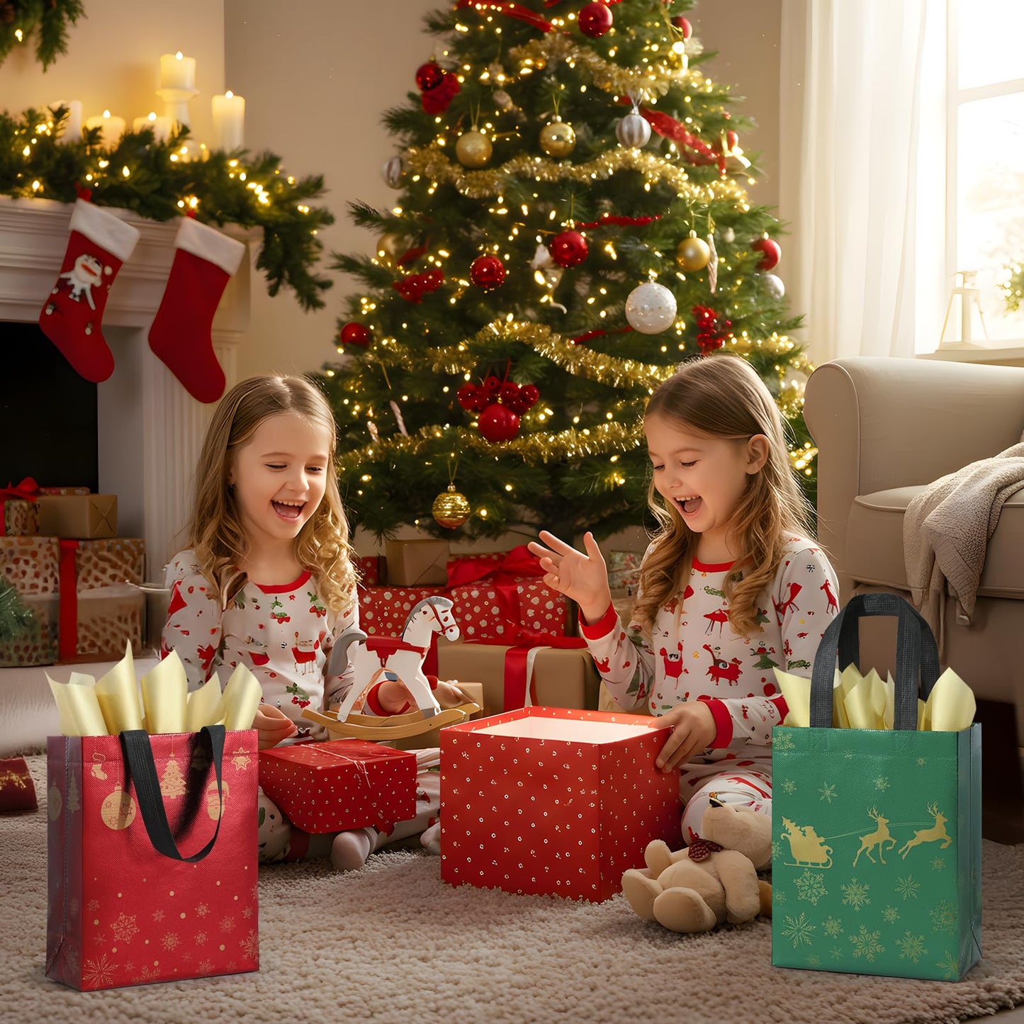 STYPOP 16 Pack 10" Christmas Gift Bags Medium Size with Tissue Paper, Reusable Non-Woven Christmas Tote Bags with Handles, Perfect for Holiday Gift Wrap/Party Favor Supplies, 10.2" × 8.3" × 4"