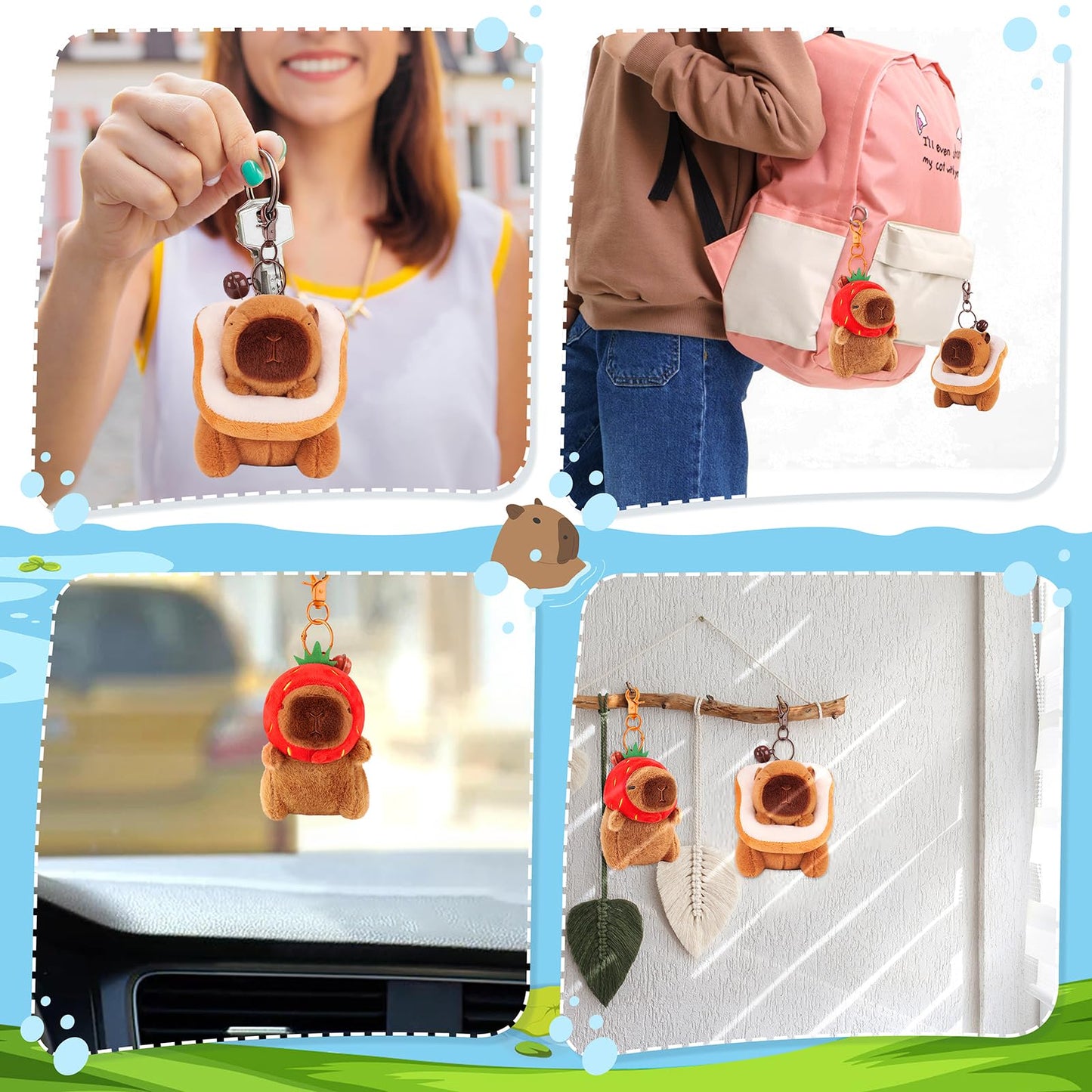 Achwishap 2PCS Capybara Plush Keychain,Cute Keychain Capybara Stuffed Animal,Soft Capybara Plushies Toys Key Chain,Kawaii Plush Stuffed Toys for Kids Adults(Capybara Strawberry Hat,Capybara Bread)