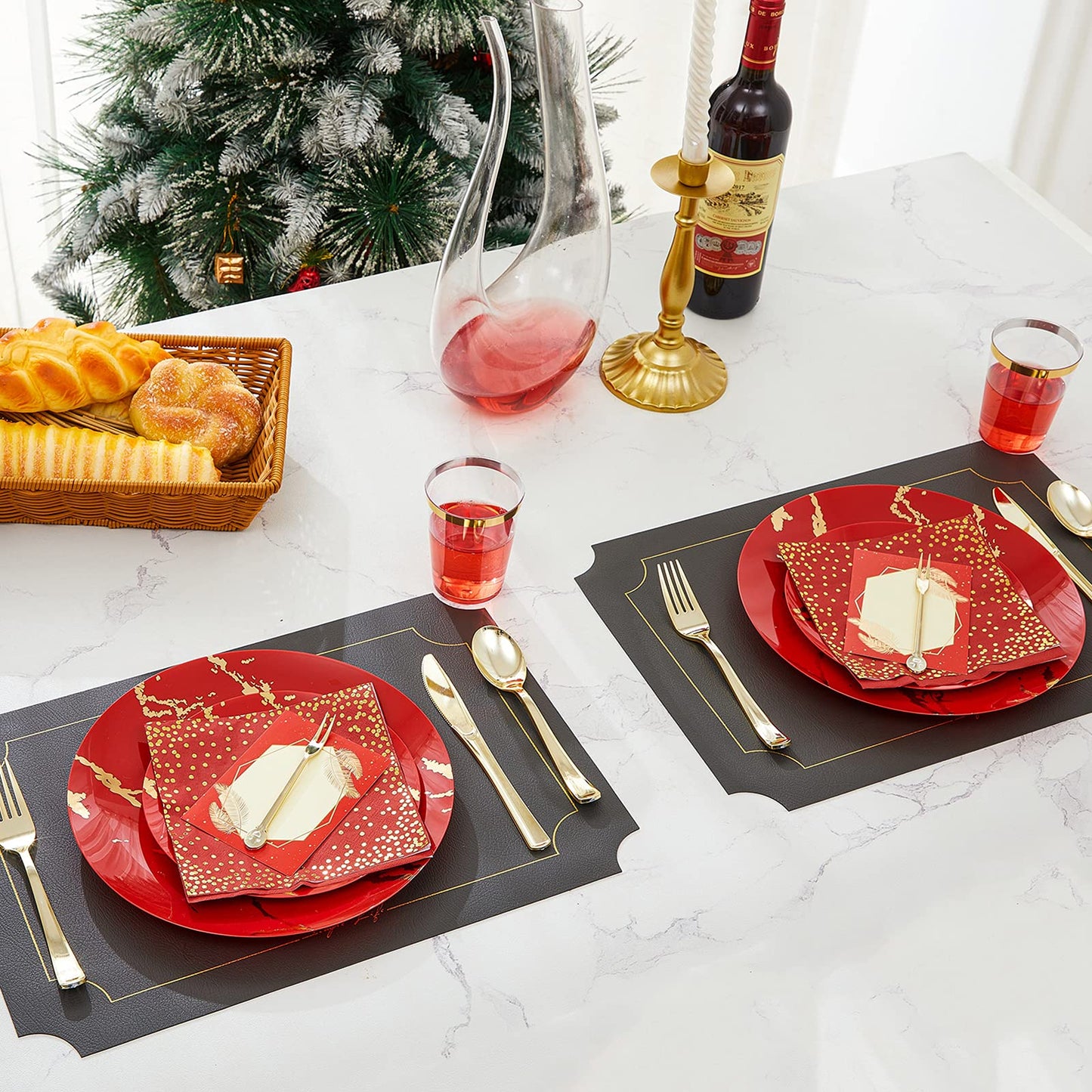 N9R 225PCS Red Gold Plastic Dinnerware Set - Disposable for Mother’s Day, Includes 25 Dinner Plates, 25 Dessert Plates, 25 Forks, 25 Spoons, 25 Knives, 25 Gold Cups, 25 Napkins & Table Cards