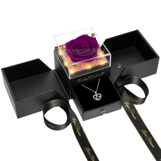 GOMALL Light Up Preserved Purple Rose Flower with Necklace,Birthday Gifts for Women,Christmas Rose Gifts for Her Mom Wife Grandma,Real Flower Mom Present for Women Christmas,Anniversary,Valentines