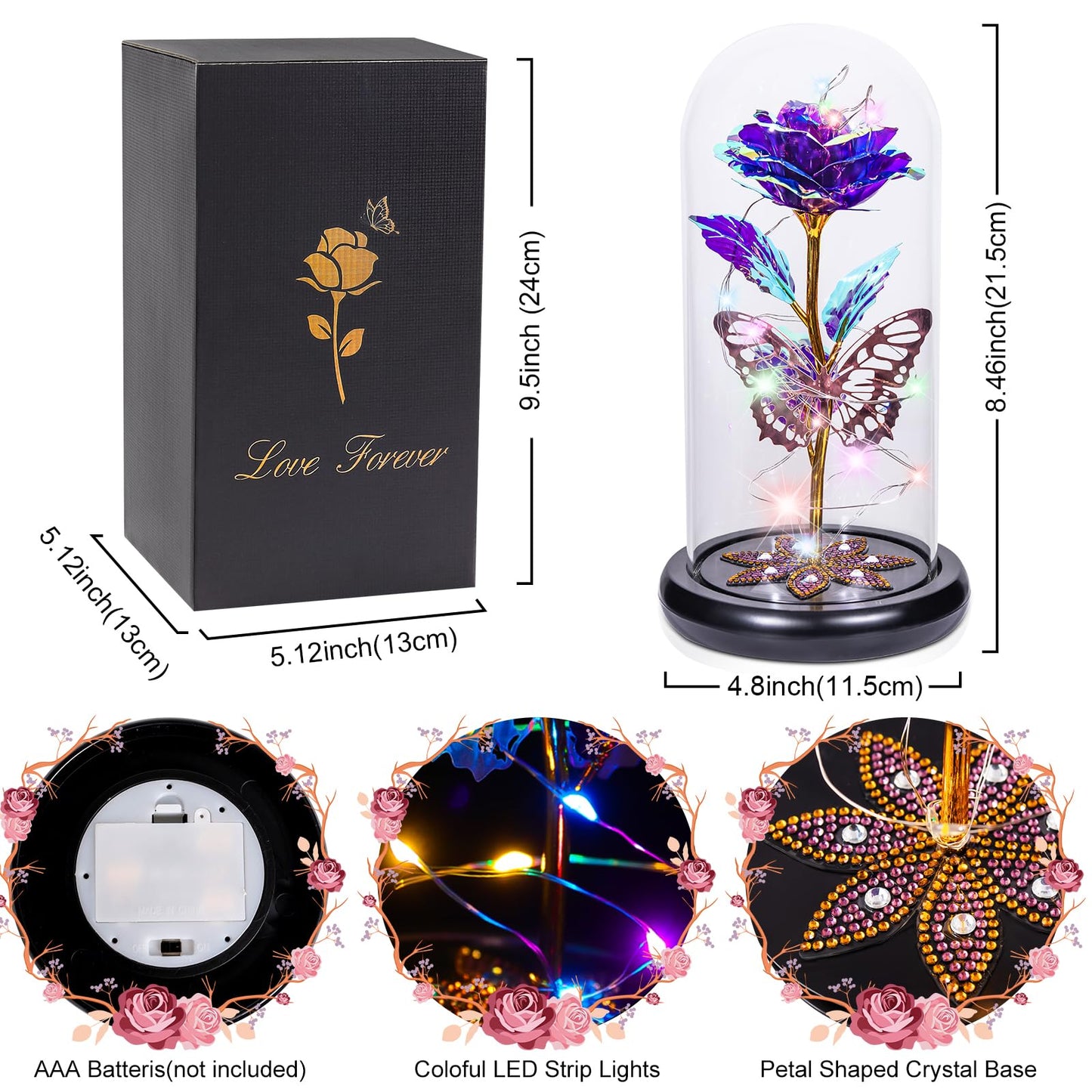 Gifts for Women Mom Birthday Gift, Galaxy Glass Rose Flower Gifts Forever Eternal Crystal Light Up Rose in Glass Dome with Butterfly Mothers Day for Her Mom Wife Daughter Sister Purple