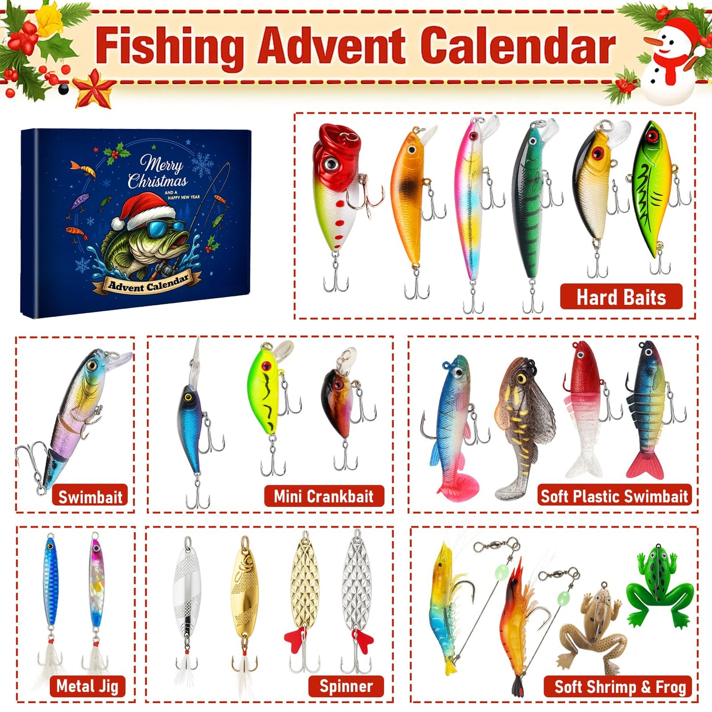 EXUN Premium Fishing Advent Calendar 2025 – 24 Days of Curated Lures for Men, Teens & Dads – Christmas Countdown Gift Box for Bass & Trout Fishing Enthusiasts