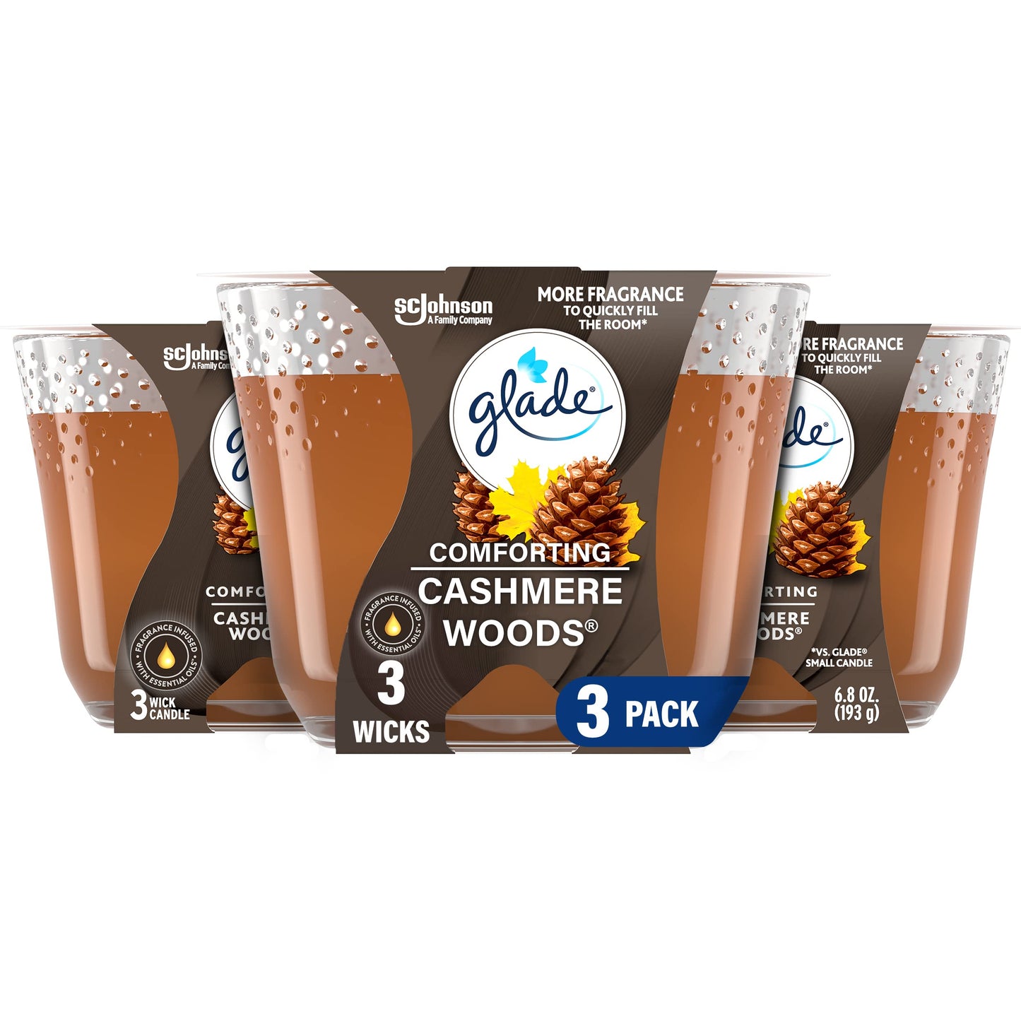 Glade Candle Cashmere Woods, Fragrance Candle Infused with Essential Oils, Air Freshener Candle, 3-Wick Candle, 6.8 Oz
