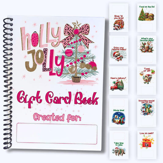 Featherstone Motifs Christmas Gift Card Book 5x7 inches with Stickers, Protective PVC Cover, and 20 Double Sided Sticky Dots - 8 Different Cover Design Options (Pink Holly Jolly)