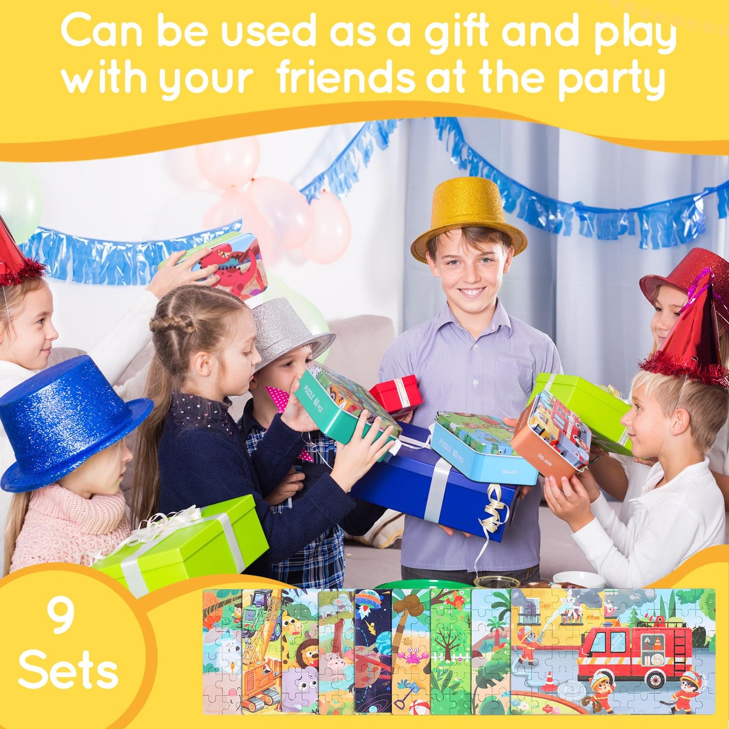 Libima 9 Boxes Party Favors Jigsaw Puzzles in a Metal Box for Age of 4-8 Wooden Puzzle for Ages 4-8 Boys and Girls Learning Educational Toys 9 Styles(Cute Style)