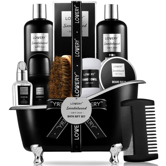 Beard Kit and Body Care Gifts for Men, Fathers Day Gifts for Dad Sandalwood Spa Gift Baskets, Mens Bath and Beard Grooming Kit, Birthday Gifts for Him with Beard Balm, Growth Oil, Deodorant and More