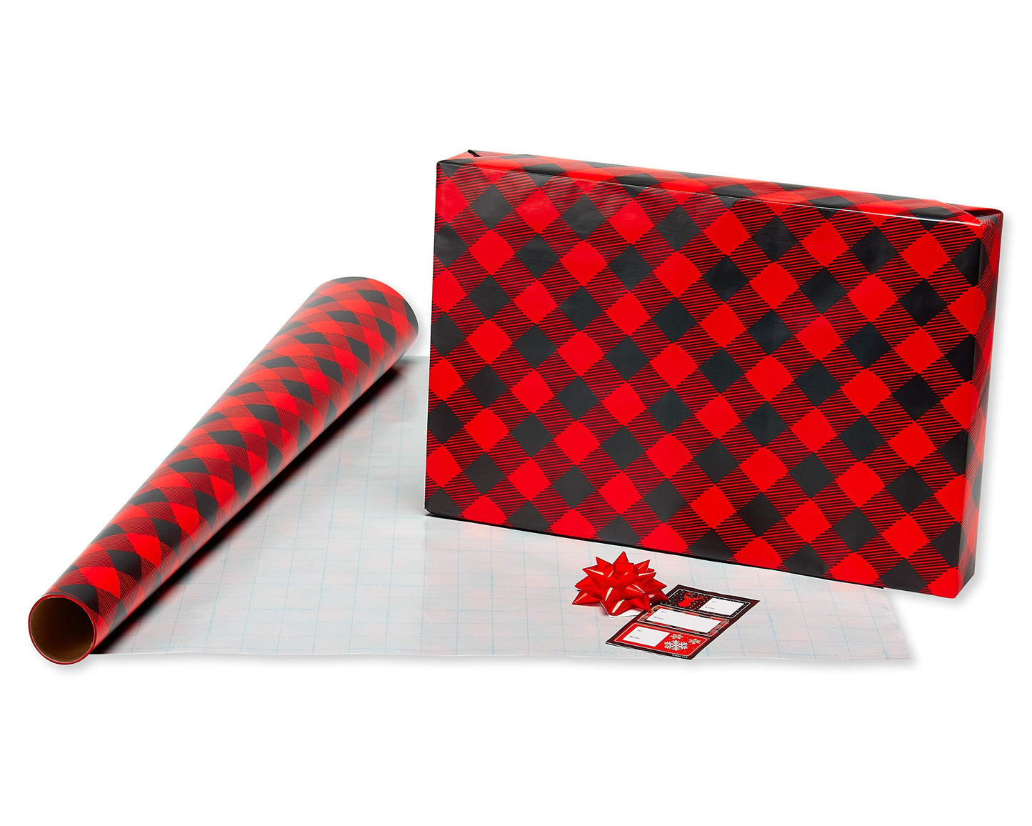 American Greetings 120 sq. ft. Red and Black Christmas Wrapping Paper Set with Cut Lines (4 rolls 30 in. x 12 ft., 7 Bows, 30 Gift Tags), Christmas Text, Plaid, Reindeer and Snowflakes