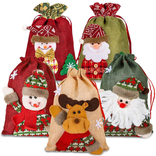 Whaline 3D Xmas Gift & Party Favor Bags Drawstring Handle Xmas Treat Pouch, Snowman Red - 8 x 11in, 8 x 12in (5 Pack)
