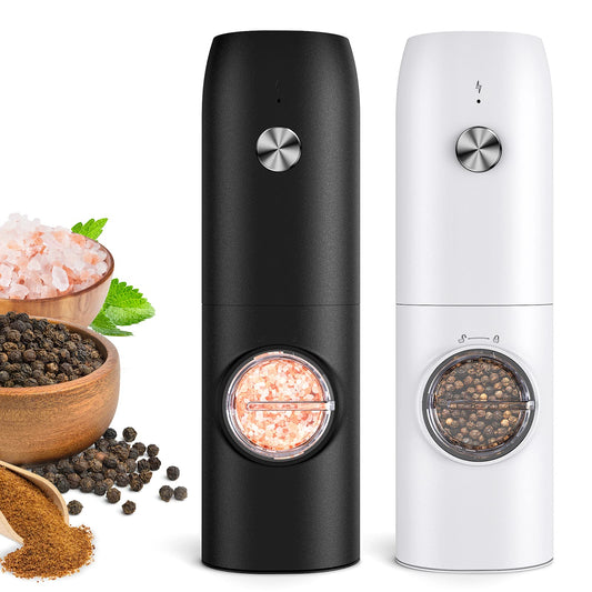 Electric Salt and Pepper Grinder Set, Rechargeable Automatic Pepper Mill Grinder with LED Light, Adjustable Coarseness shakers, One-Hand Operation for Kitchen(2 Pack,Black+White)