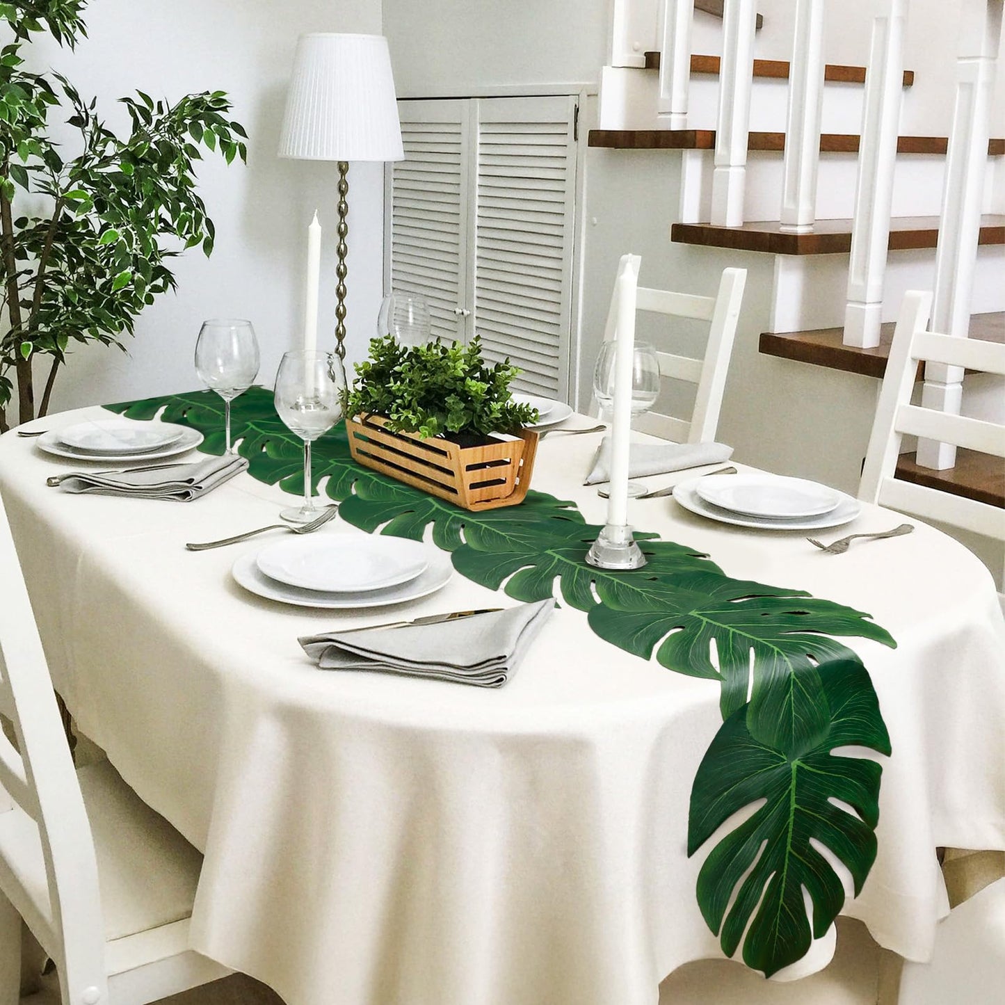 AerWo 6Pcs Artificial Palm Leaves Green Table Runner, Summer Tropical Leaf Table Runners 72 inches Long for Wedding Moana Jungle Safari Tropical Hawaiian Luau Party Decorations