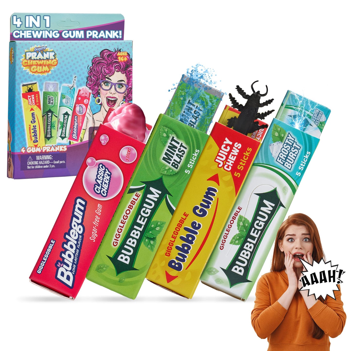 Gagster 4-in-1 Prank Chewing Gum Set – Shocking, Water Squirt, Cockroach Snapping, Fake Chewed Gum, Gag Gifts for Kids Adults, Work Pranks, April Fools, Practical Joke Toys Kit