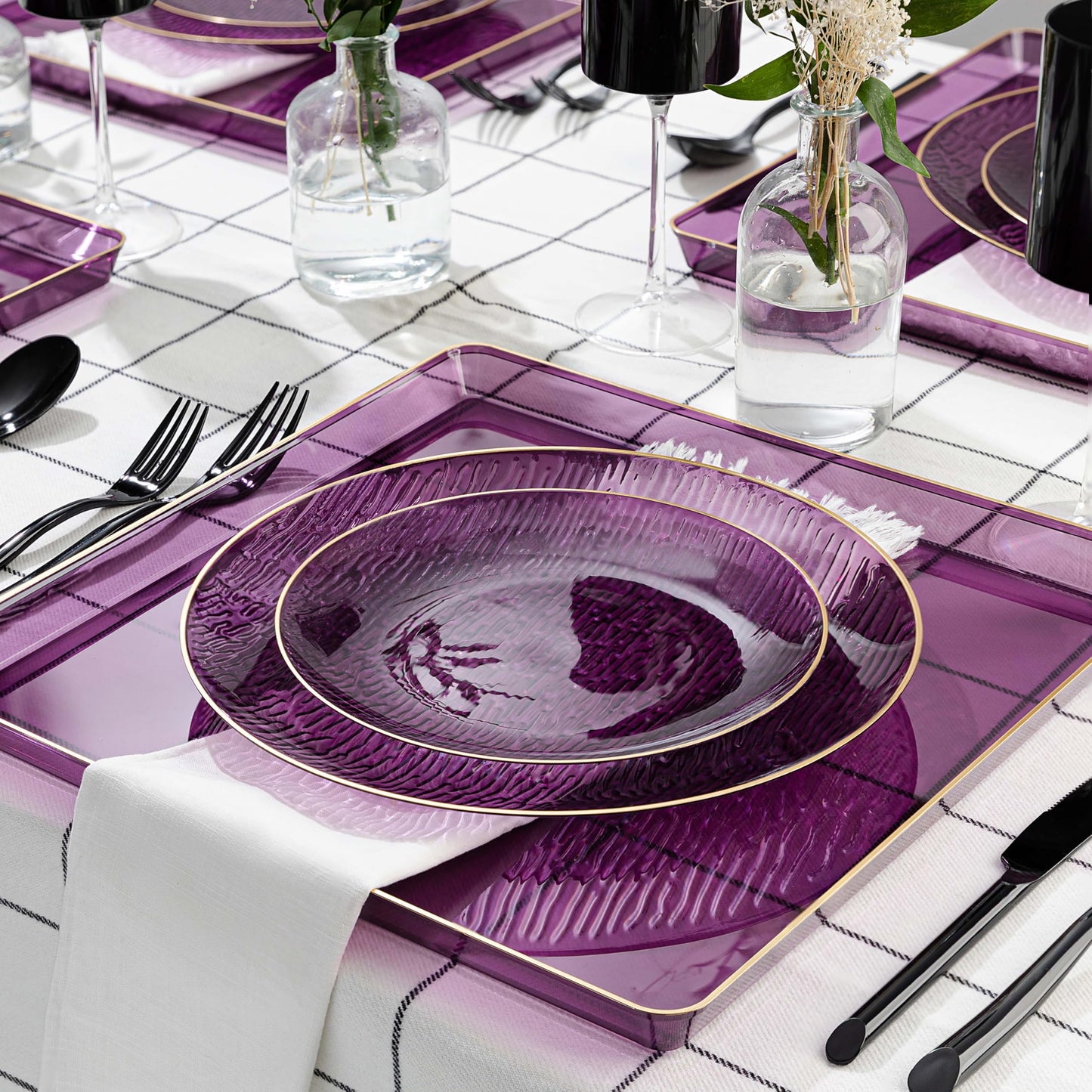 PLASTICPRO 48 Pieces Elegant Plastic Plates for Party Purple with Gold Rim Includes 7" inch and 10" inch Fancy Plastic Plates Disposable Dinnerware