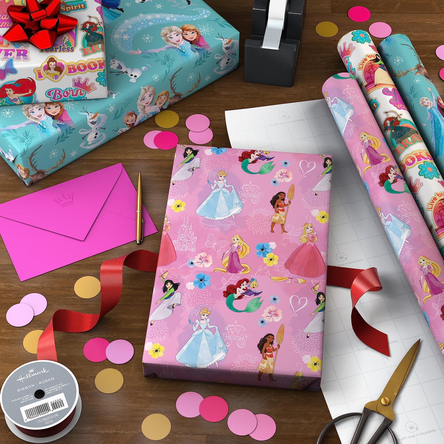 Hallmark Disney Princess and Frozen Wrapping Paper with Cutlines on Reverse (3 Rolls: 60 Square Feet Total) for Birthdays, Christmas, Valentine's Day