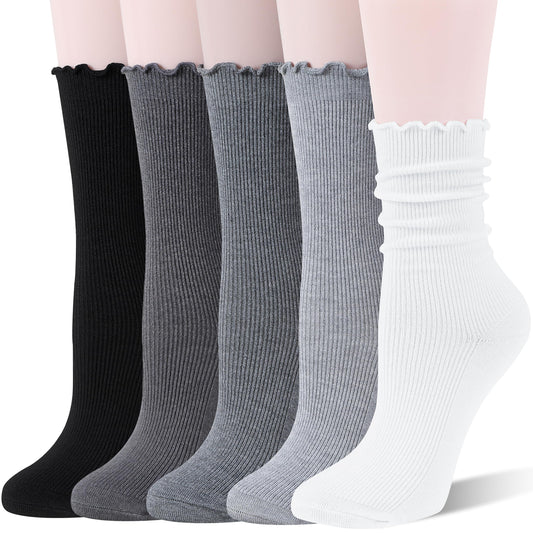 SAVALOS Thin Merino Wool Ruffle Boot Socks Warm Winter Cozy Frilly Soft Crew Work Gifts Socks for Womens 5 Pairs Stocking Stuffers(Striped-Grey,M)