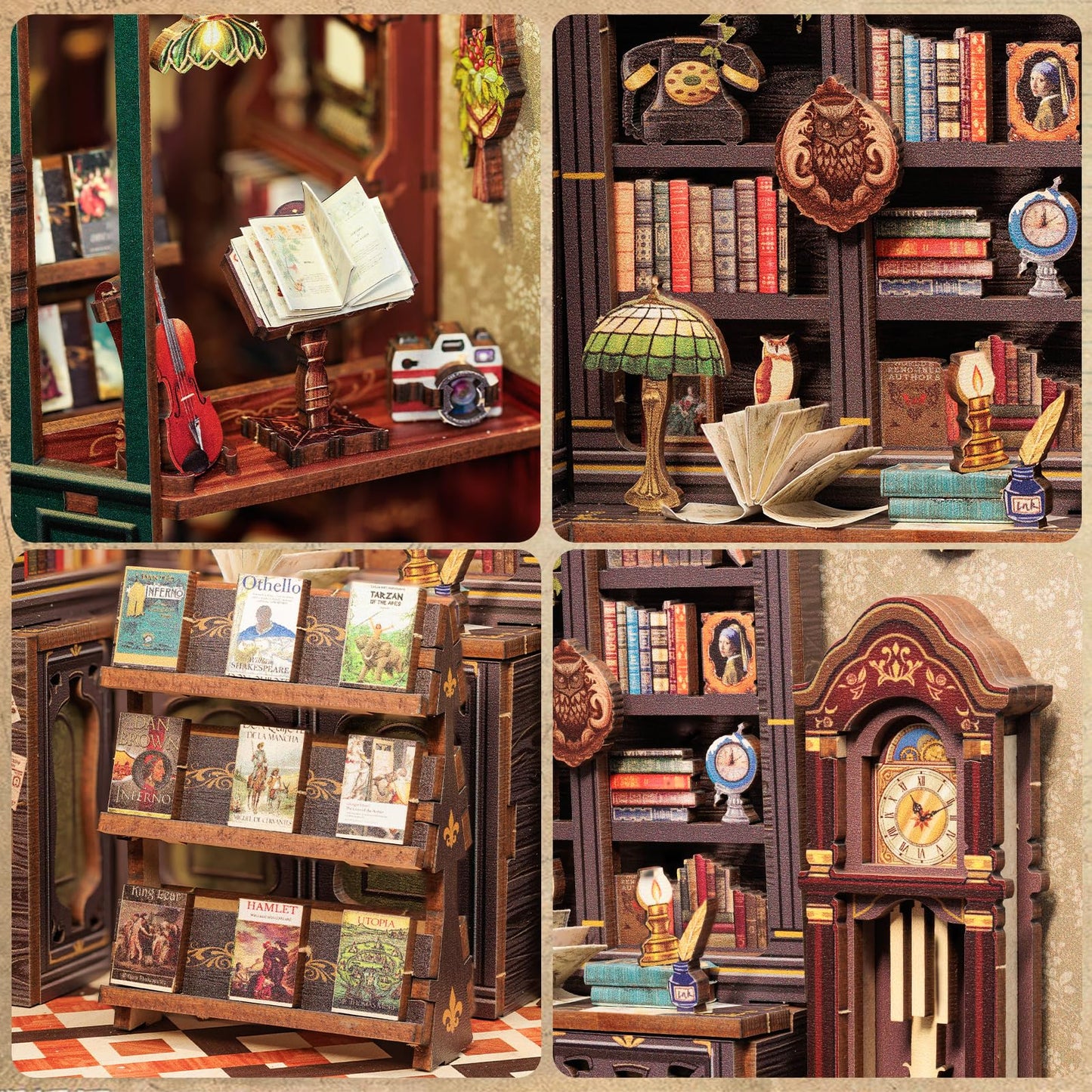 Fsolis Book Nook Kit, DIY Scene Miniature House Kit Tiny House Mini Booknook Craft Bookshelf Decor, 3D Puzzles for Adults, 139 Wooden Pieces, Scale Library Model, Gifts for Book Lovers（OWL Bookstore）