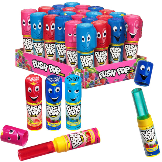 Push Pop Candy Variety Pack, Bulk Individually Wrapped for Party Favors, 24 Count Variety Lollipops, Fun Push Pop Lollipop Gift Baskets, Goodie Bags, Candy Gifts, Birthdays Kids Party Favors