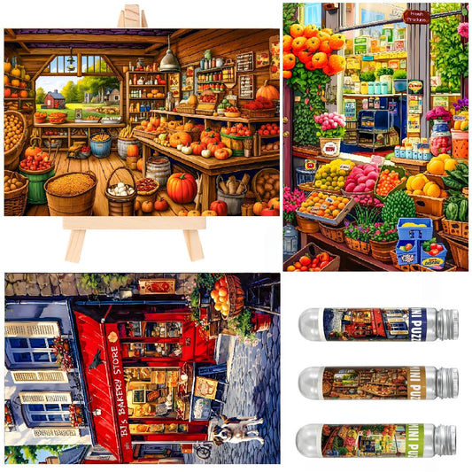 BJscoe 3 Packs Mini Jigsaw Puzzles, 150 Pieces Each, Vintage Streetscape Oil Painting, Retro Style, Cardboard Material, 6 x 4 Inches, 3 Count, For Adults