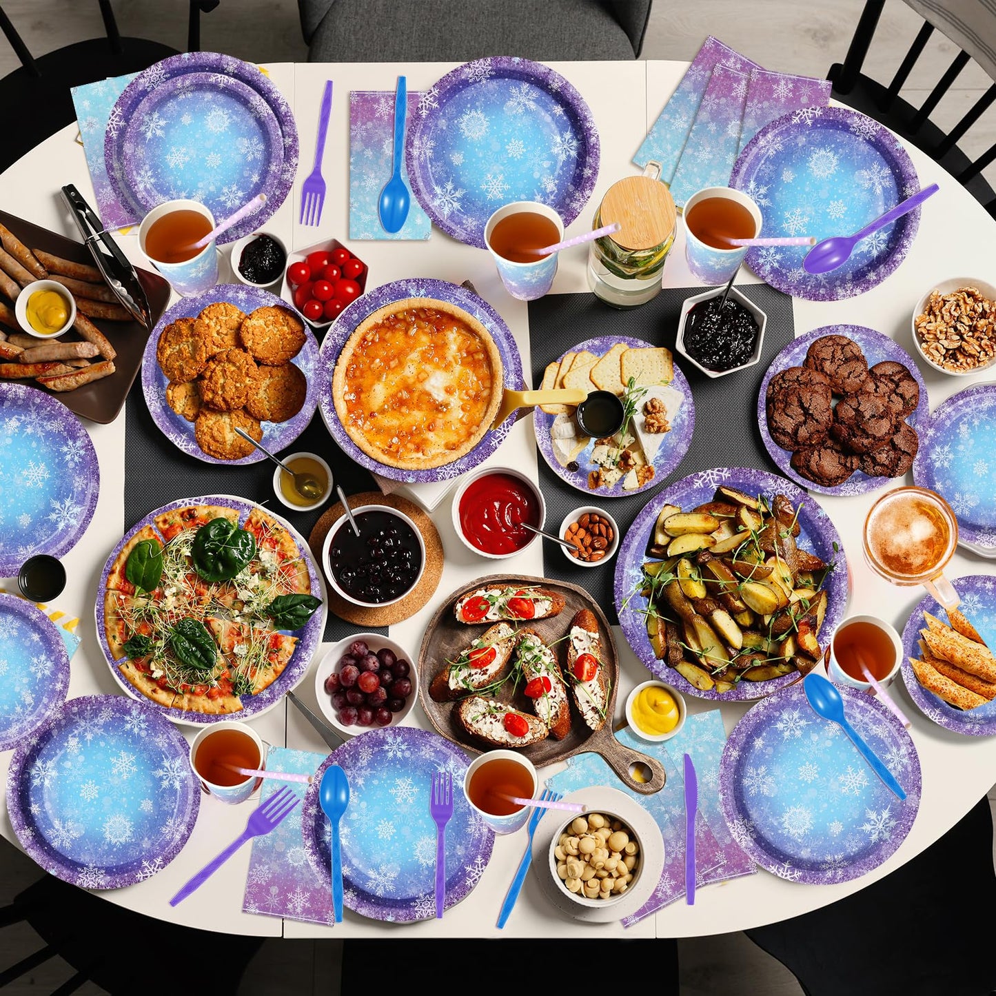 Winter Snowflake Paper Plates and Napkins Set, Blue and Purple Snowflake Winter Wonderland Disposable Tableware for Christmas Winter Holiday New Year Birthday Party Supplies Decorations, Serve 50