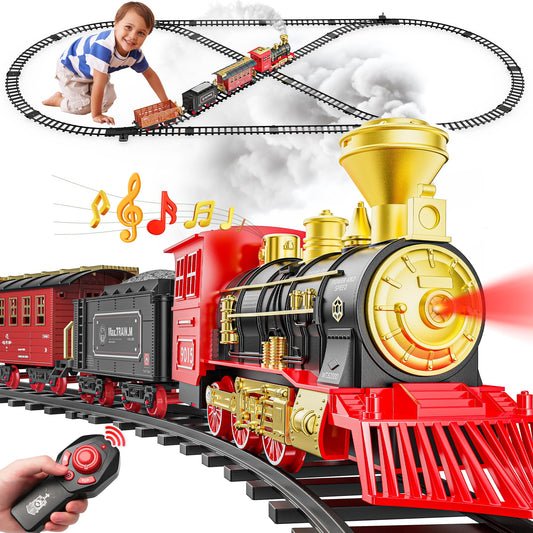 Hot Bee Train Set, Remote Control Train Toys with Luxury Tracks, Christmas Train Sets for Around the Tree,Toy Train with Smokes, Lights & Sound,Model Train Set for 3 4 5 6 7+ Years Old Boys Gifts Kids